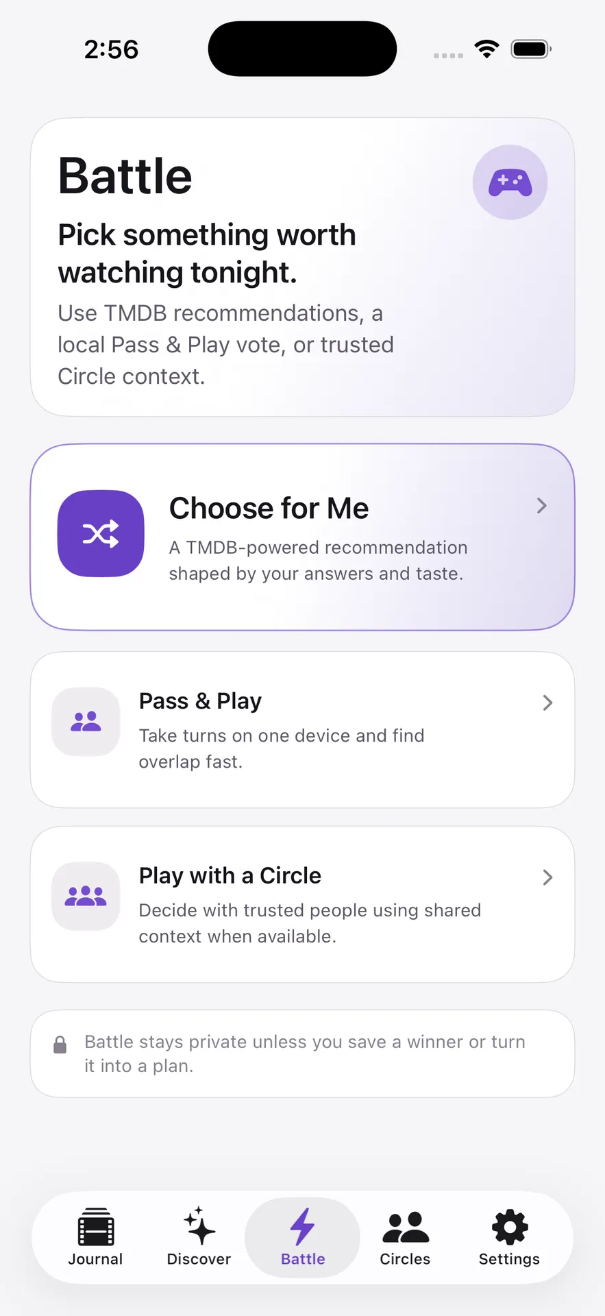Battle screen offering Choose for Me, Pass and Play on one device, and Circle-based choices