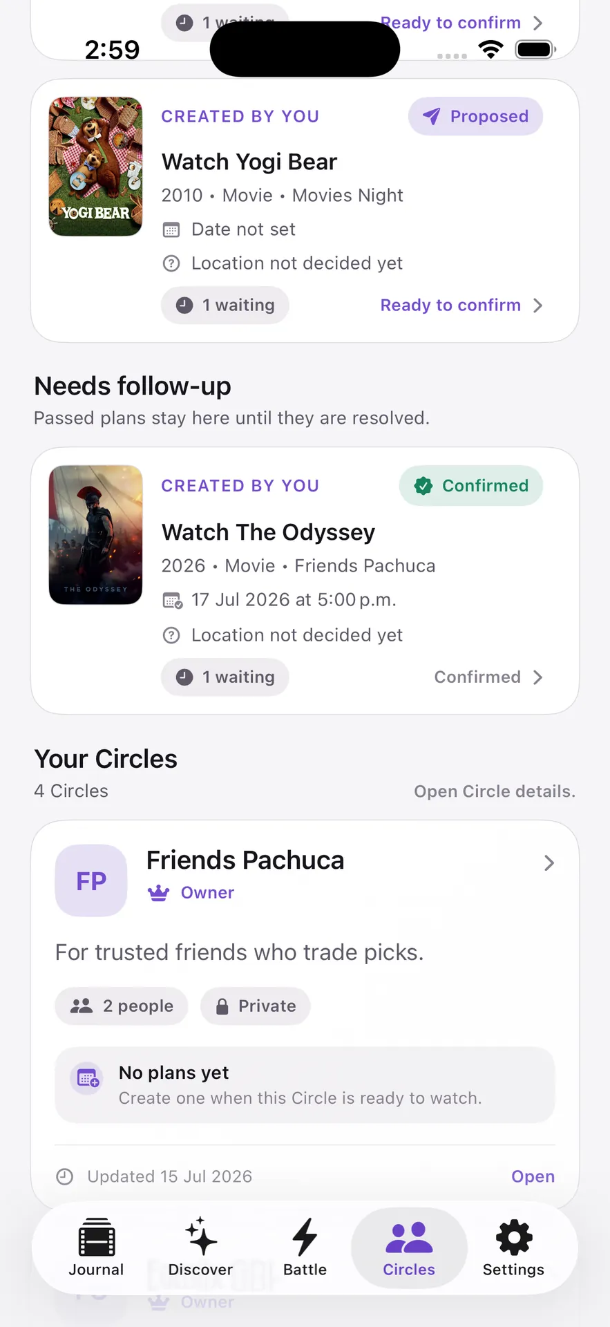 Private Circles and Watch Plans showing proposed, waiting, confirmed, and follow-up states