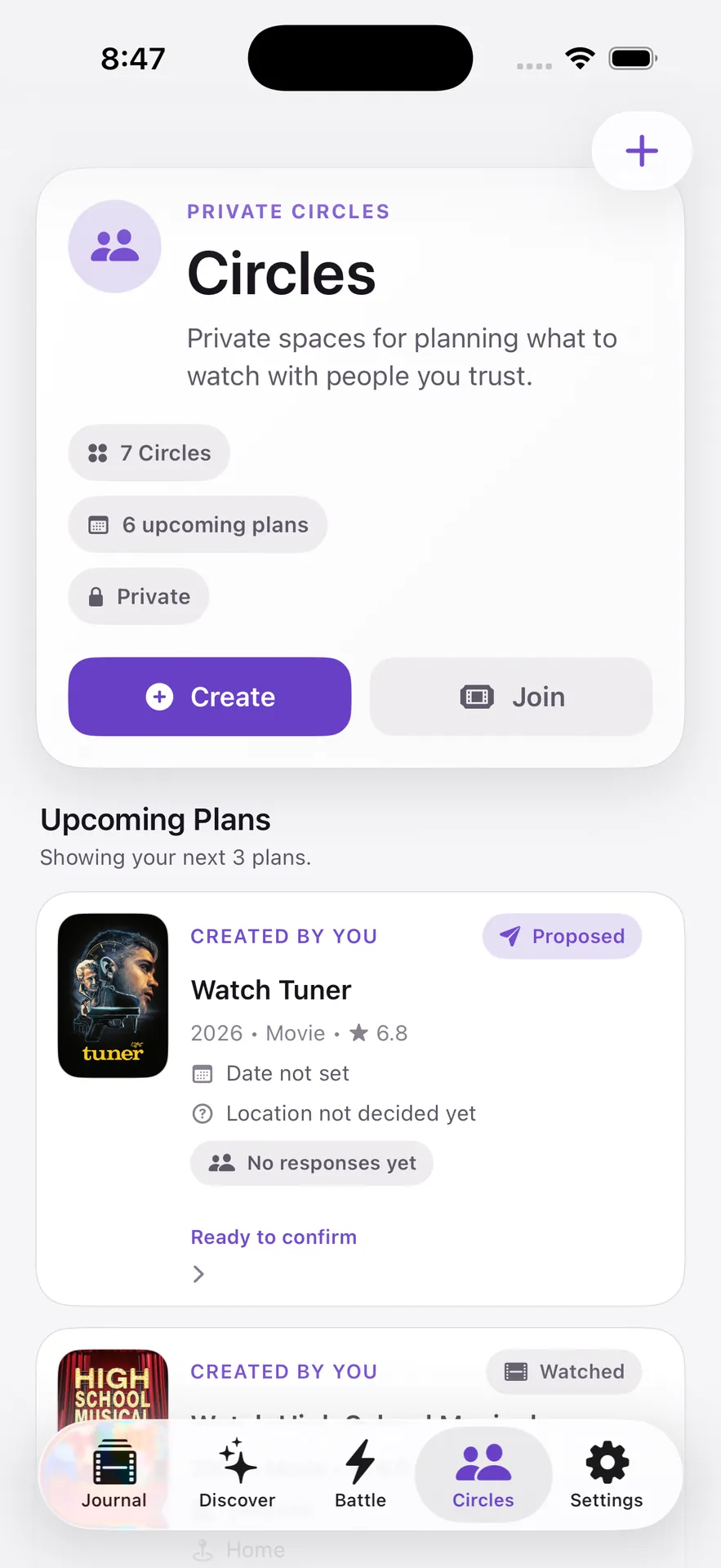 CloseCut Circles screen with private Circle controls and upcoming Watch Plans