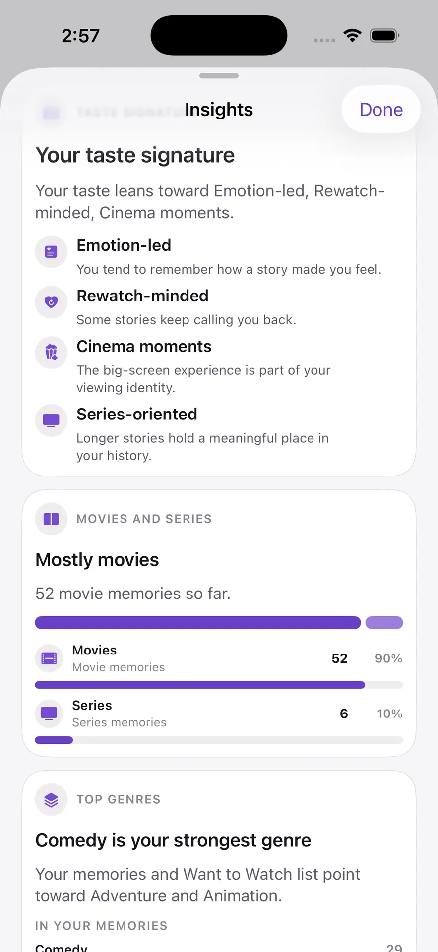 Insights showing a Taste Signature, movie and series breakdown, and genre patterns