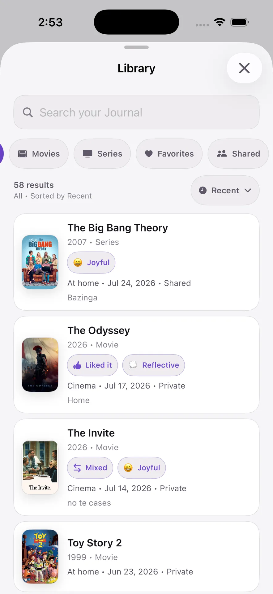 Library view with saved titles, filters, and search