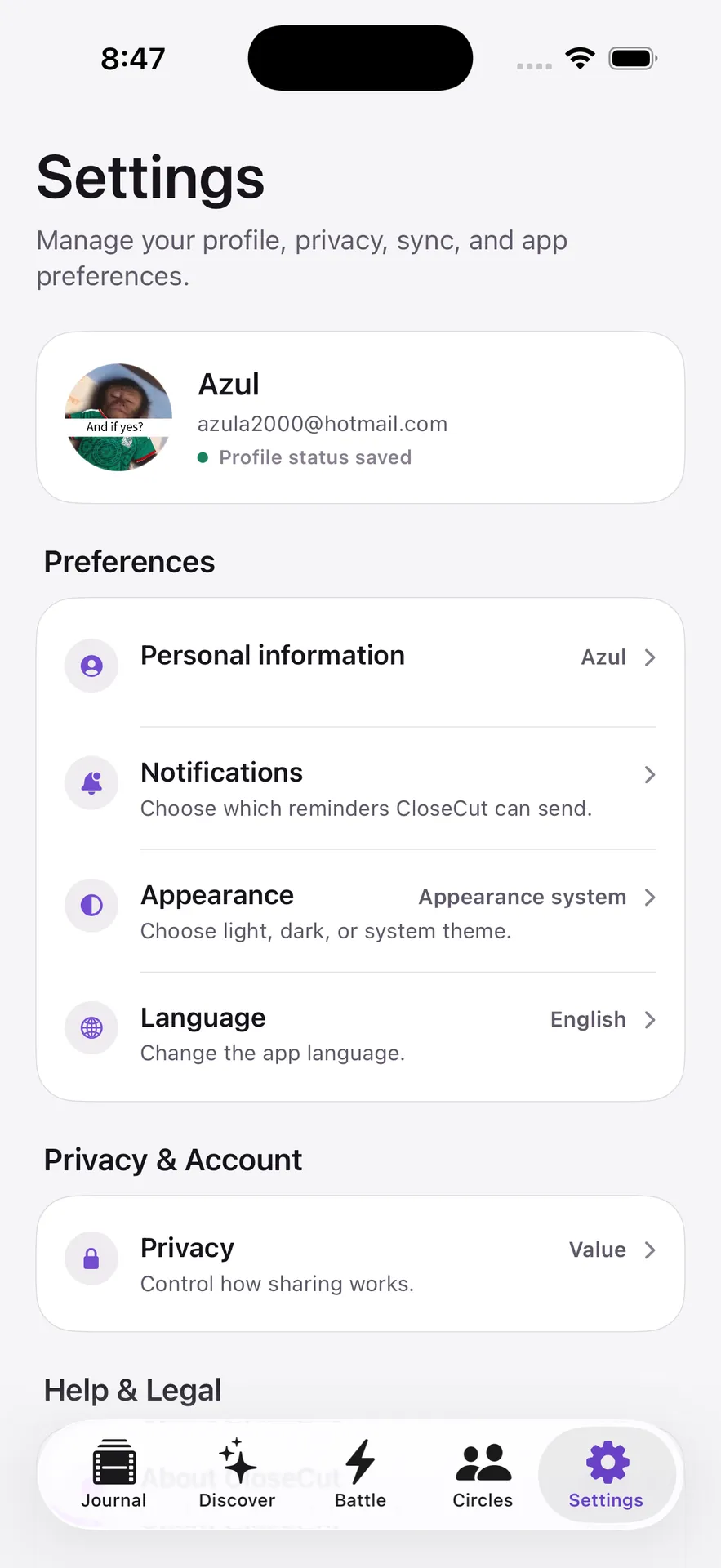 CloseCut Settings showing profile, notifications, appearance, language, and Privacy controls