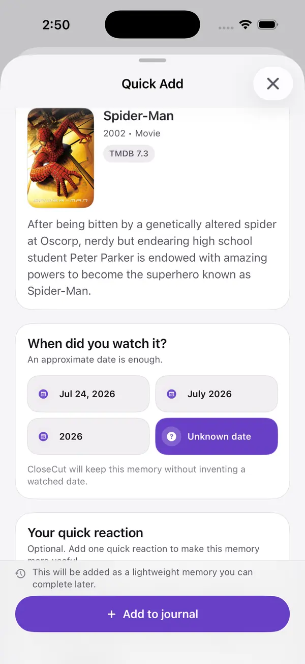 CloseCut Quick Add flow for adding a past watch