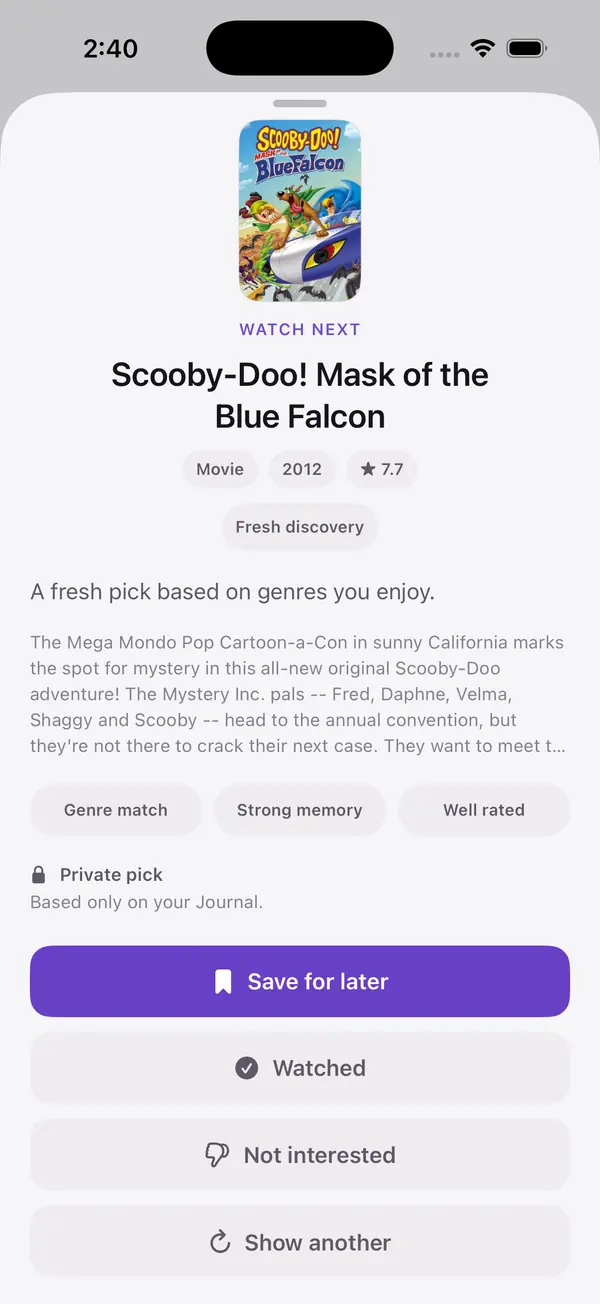 CloseCut QuickPick showing a personal watch suggestion and its reasons