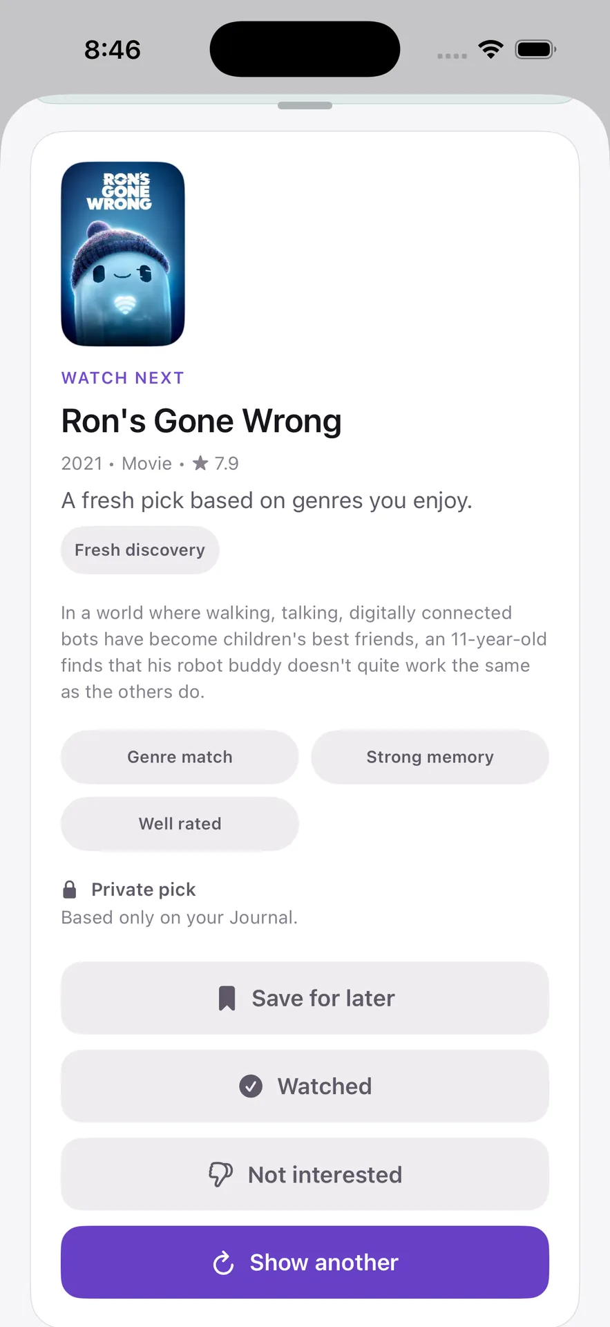 QuickPick screen showing one private watch suggestion with reasons and response actions