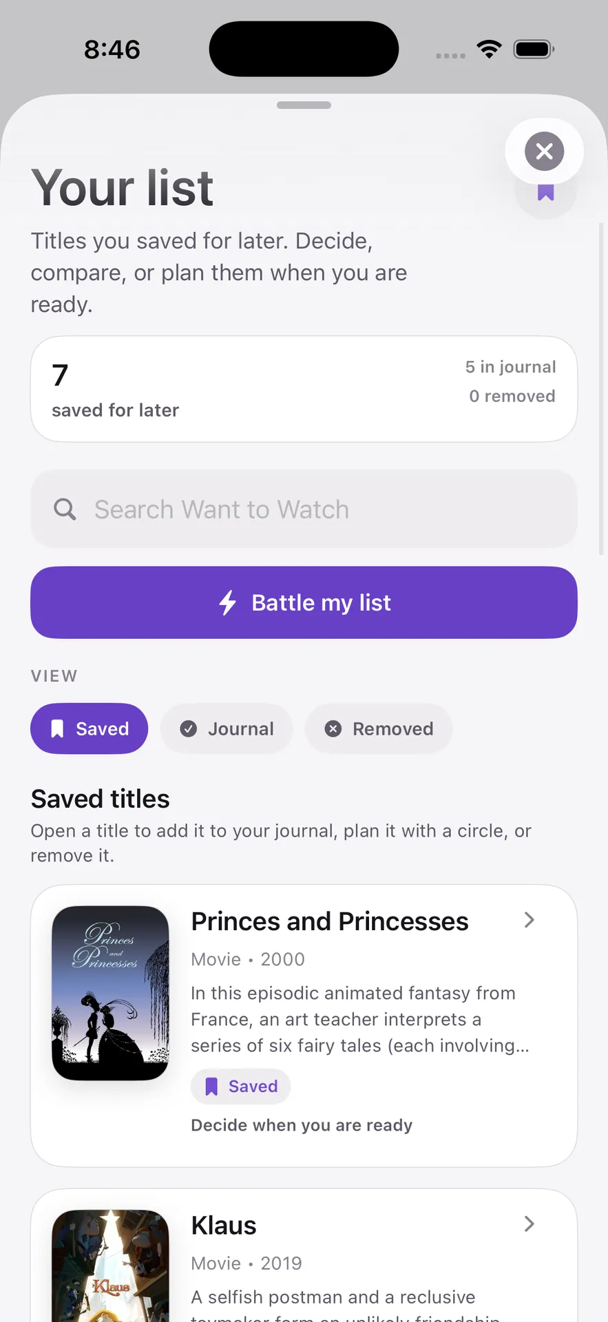 Want to Watch list with saved titles and options to search or compare the list
