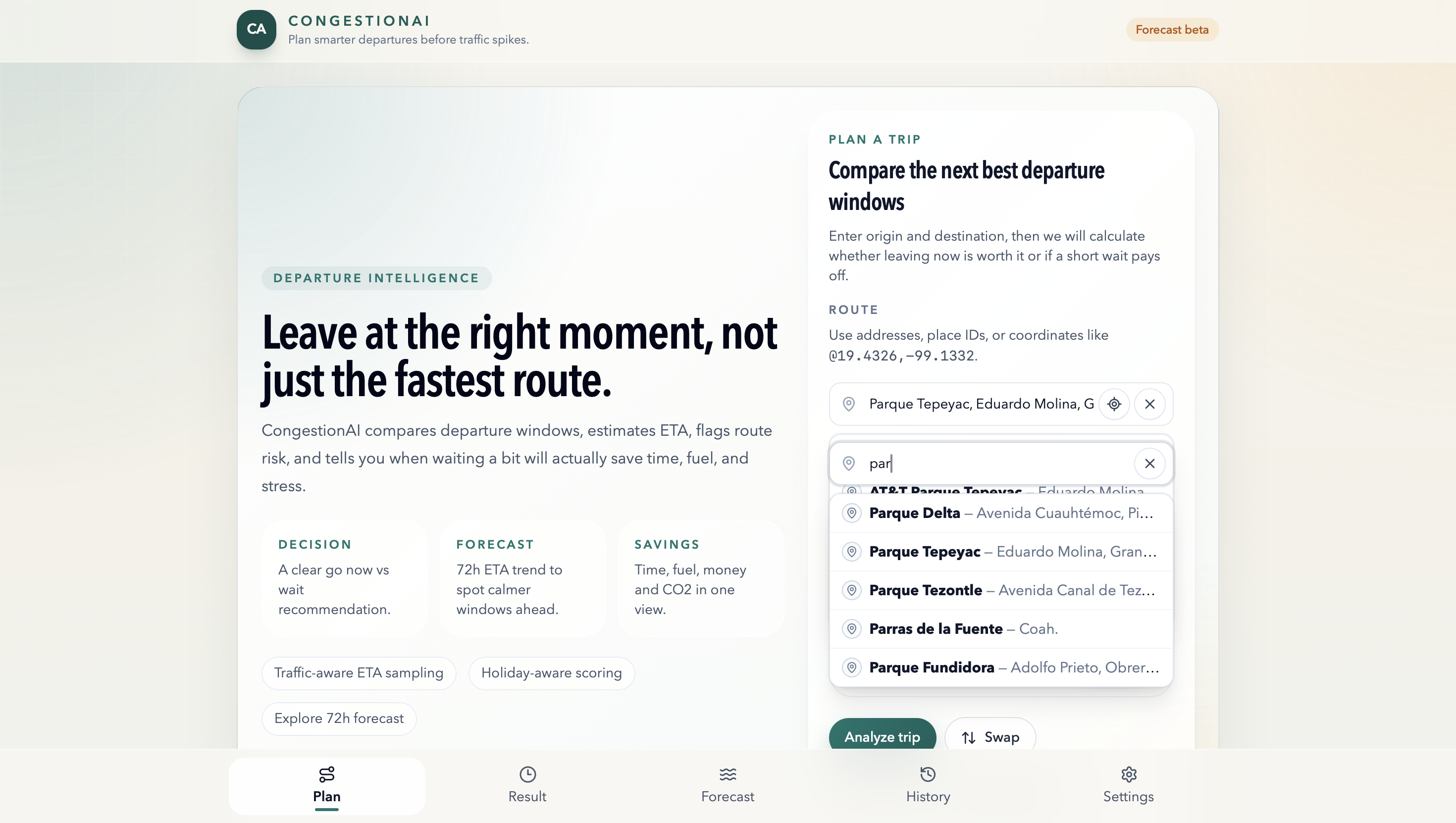 CongestionAI home tab with trip planning and departure window setup