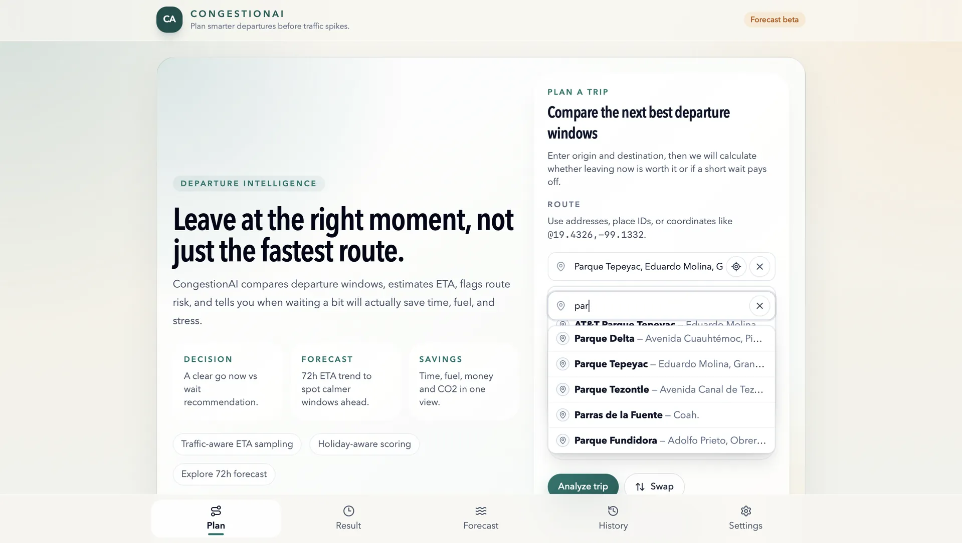 CongestionAI home tab with trip planning and departure window setup