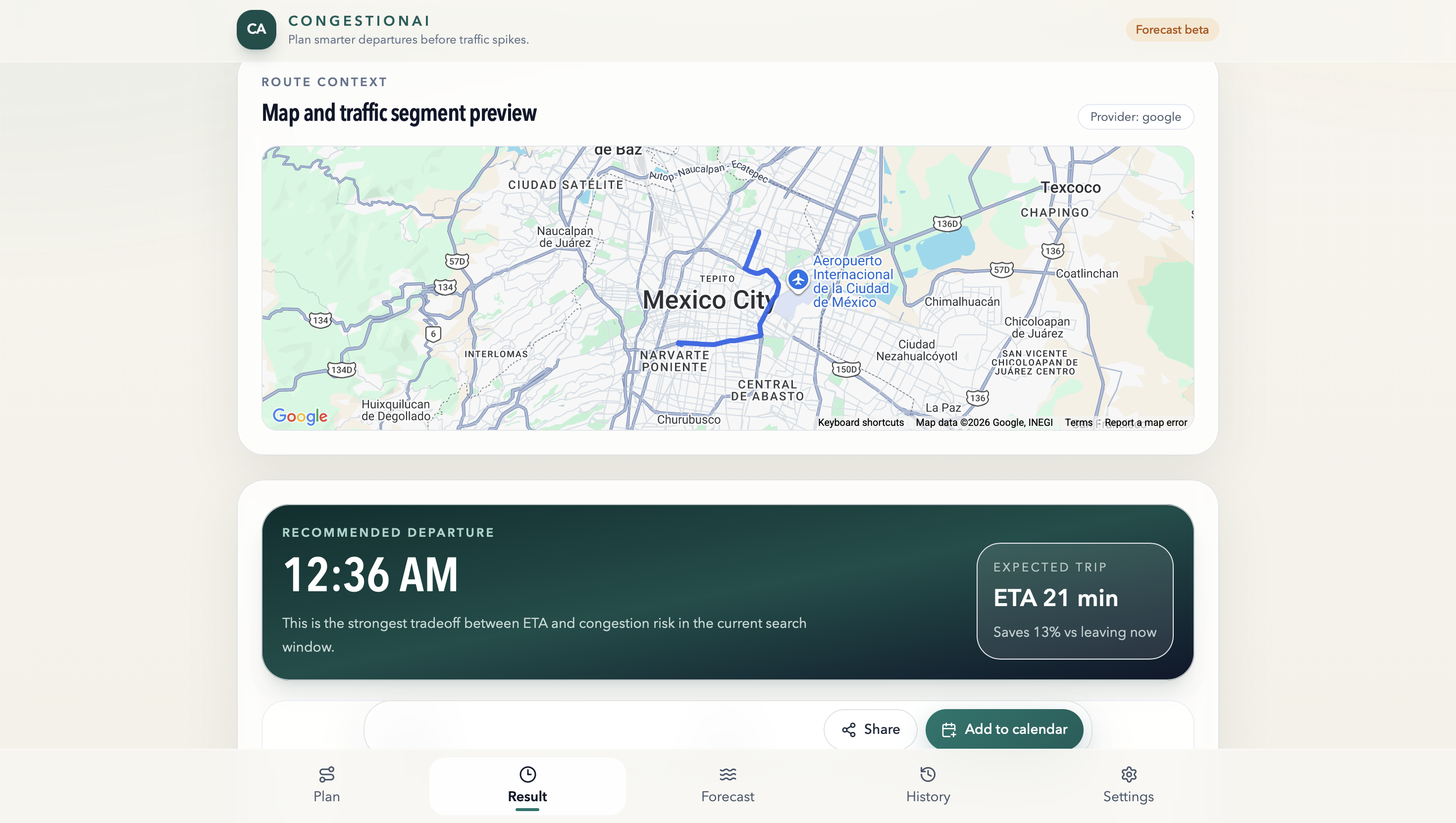 CongestionAI result tab with best departure recommendation and ETA