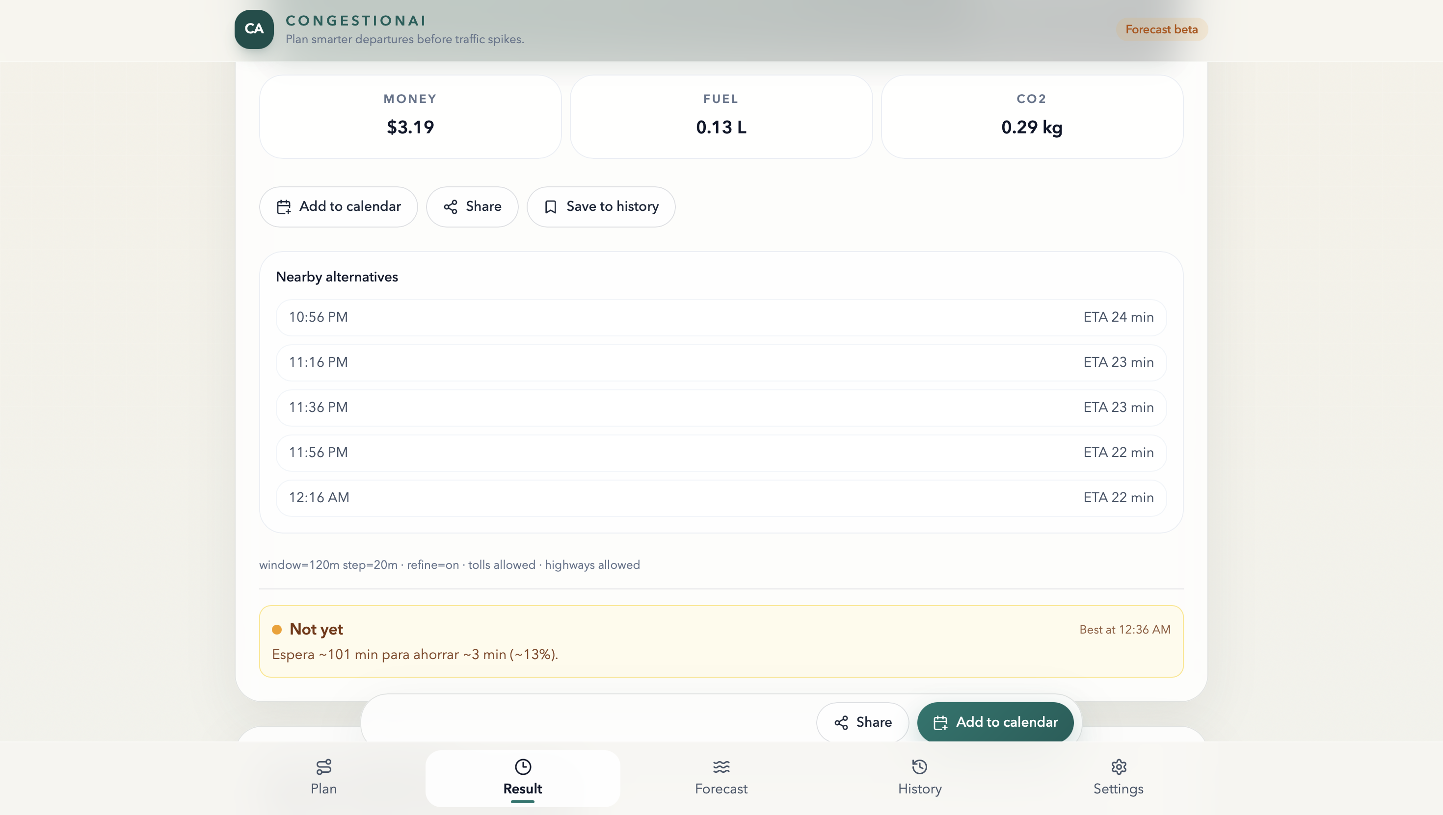 CongestionAI result tab showing route alternatives and congestion insights