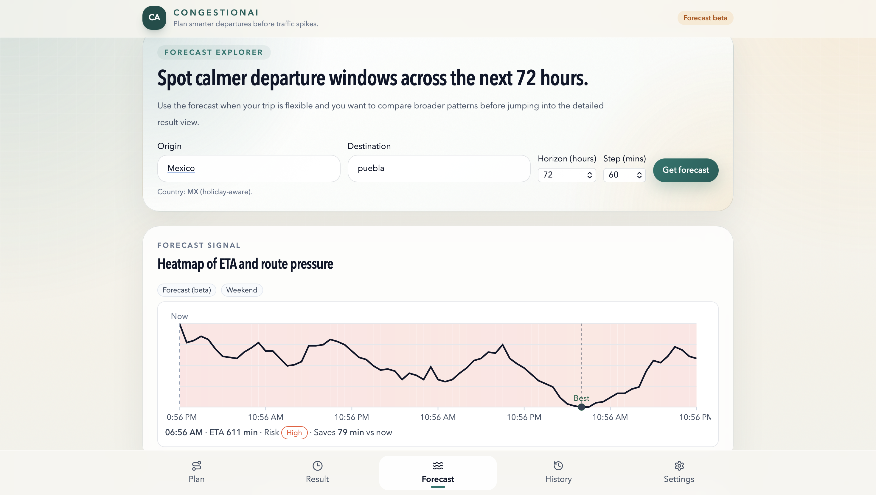 CongestionAI history tab with saved trips and performance trends