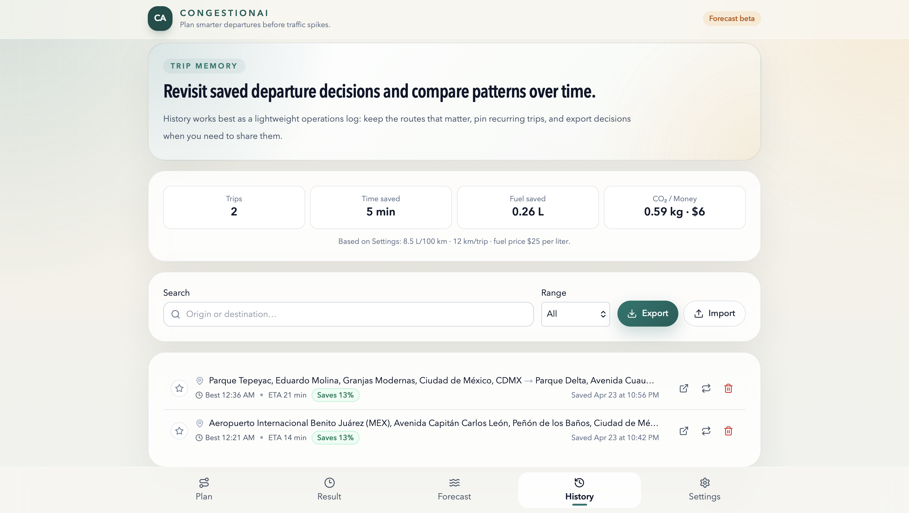 CongestionAI settings tab with planner defaults and savings preferences