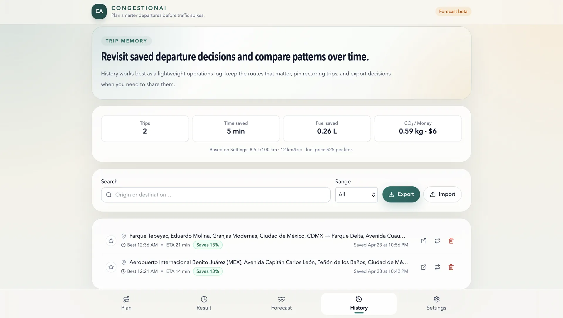 CongestionAI settings tab with planner defaults and savings preferences