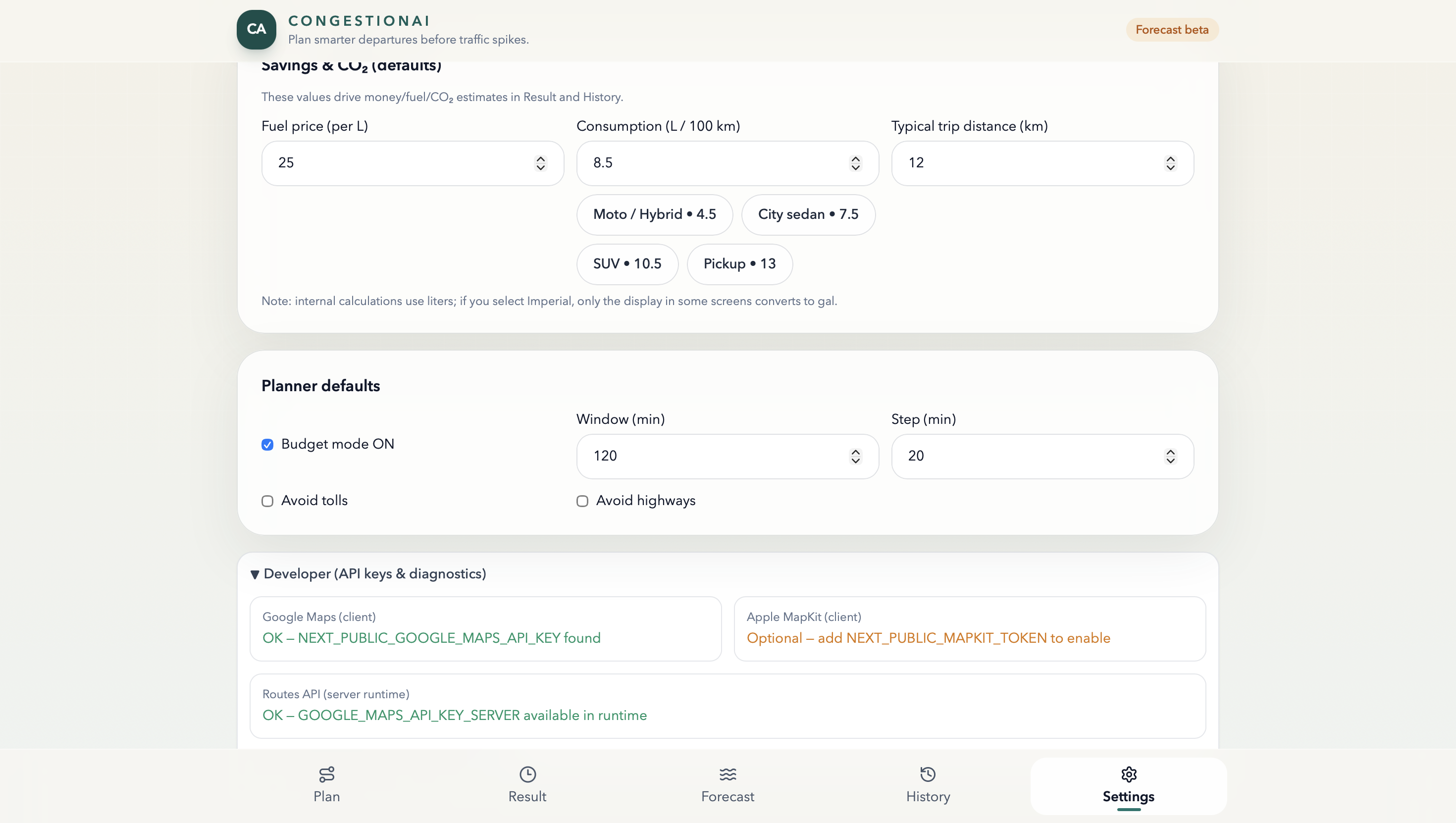 CongestionAI settings and trip personalization panel