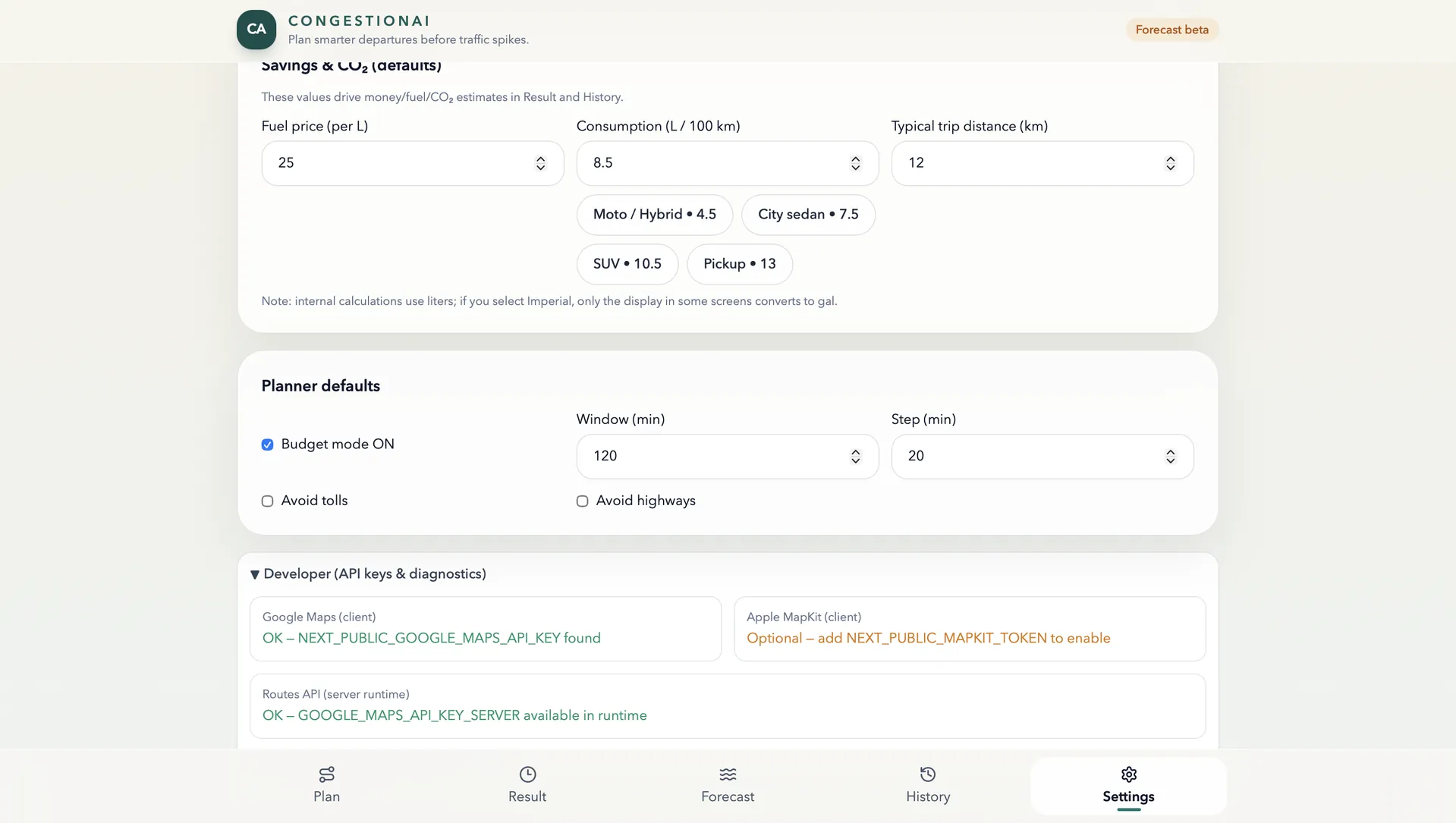 CongestionAI settings and trip personalization panel
