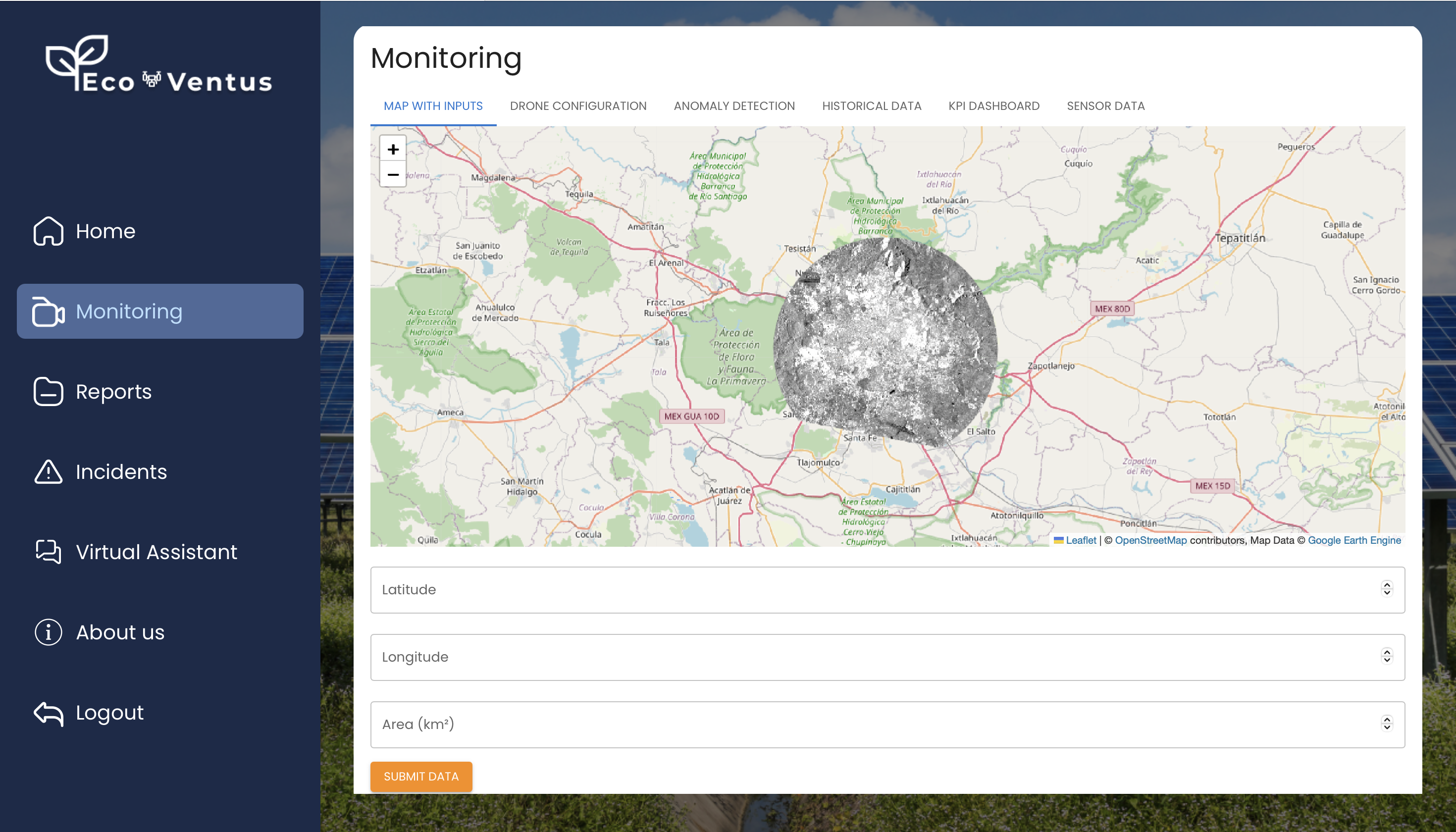EcoVentus real-time monitoring view displaying drone telemetry and flight data