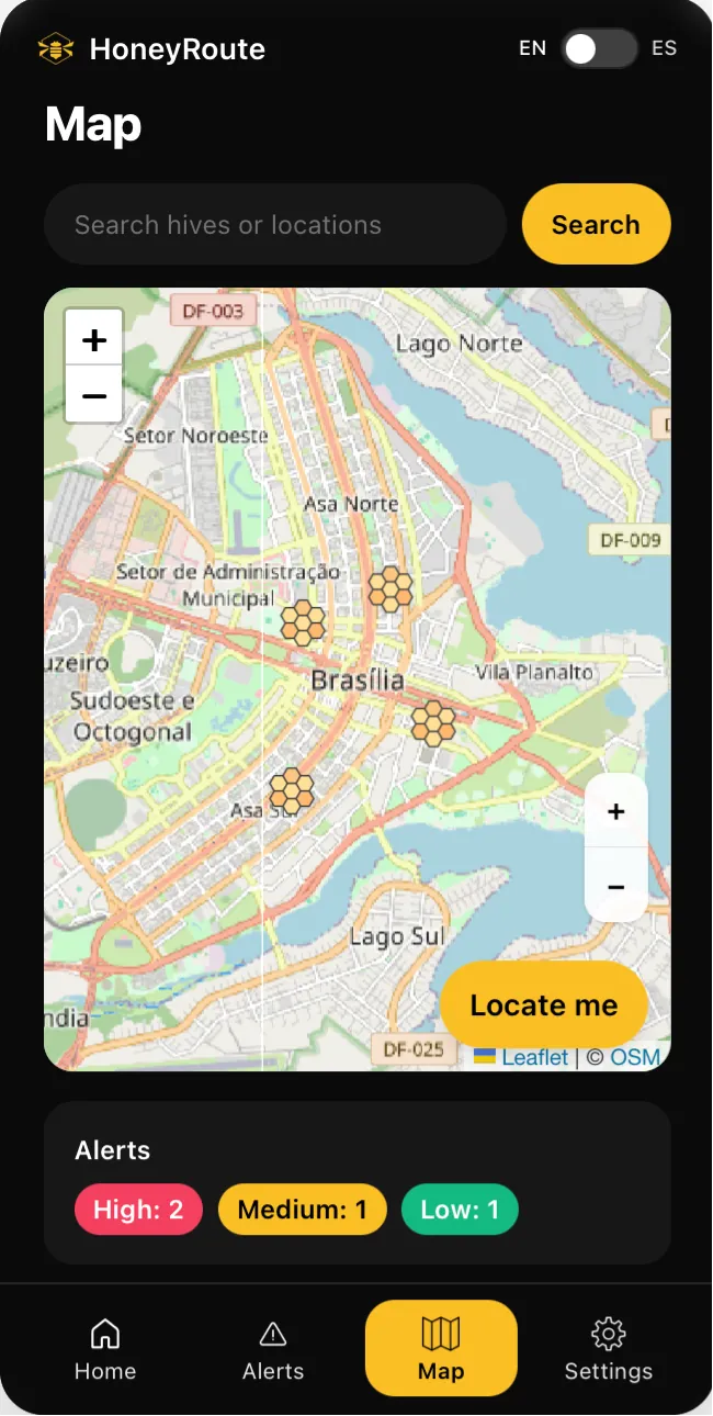 HoneyRoute map view of apiary locations