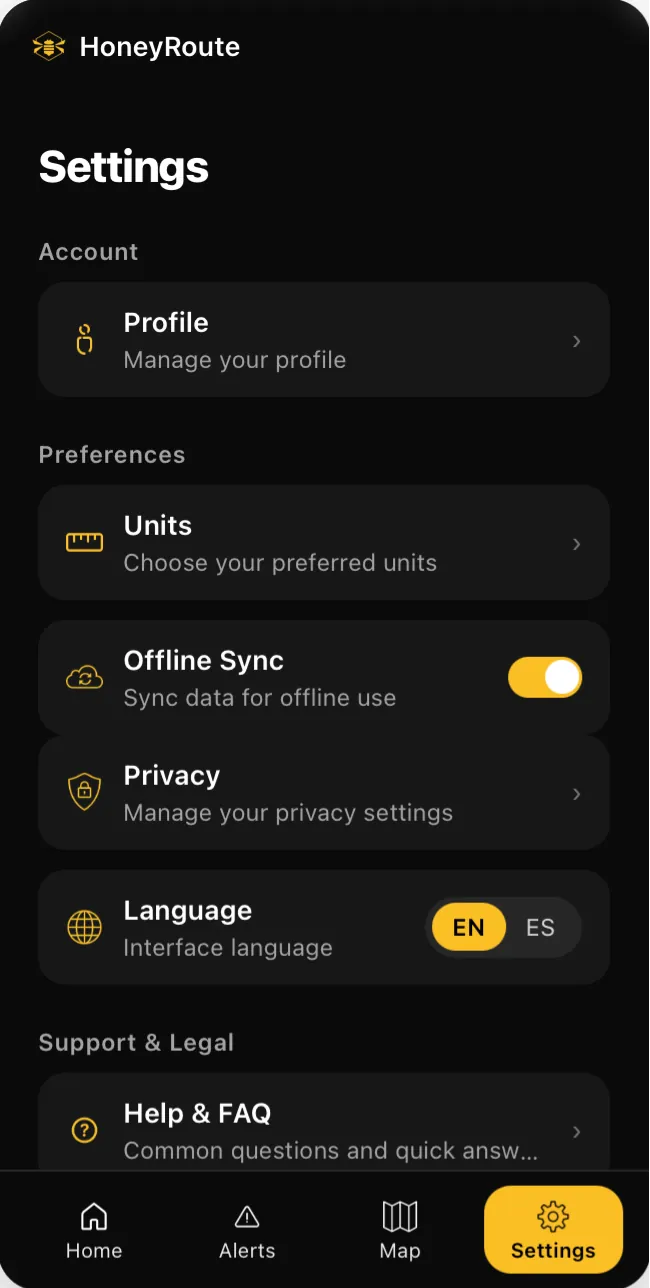 HoneyRoute user settings and app preferences