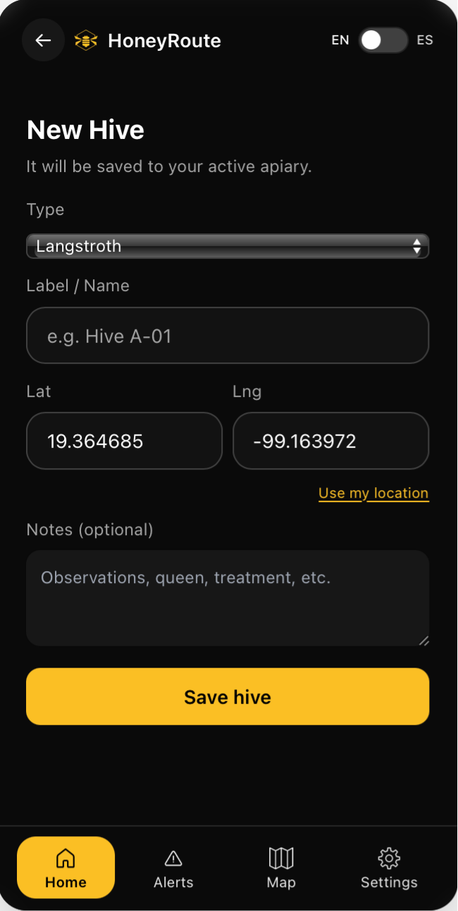 HoneyRoute new hive creation form