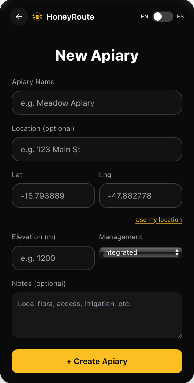 HoneyRoute new apiary setup and configuration