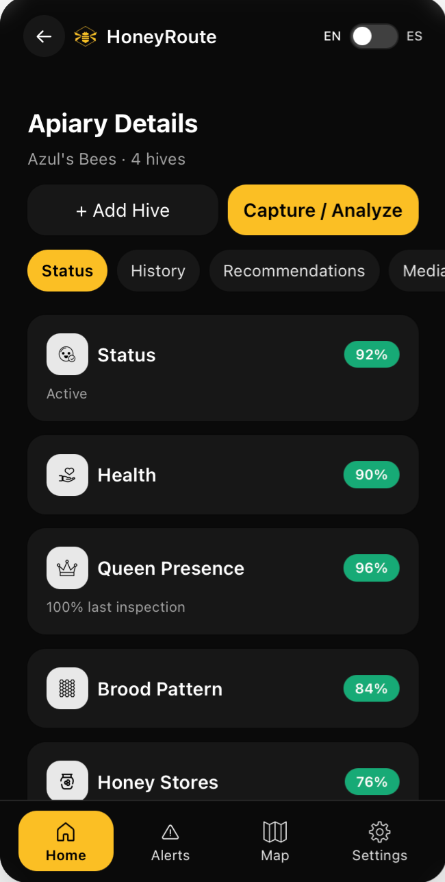 HoneyRoute apiary details and hive health status