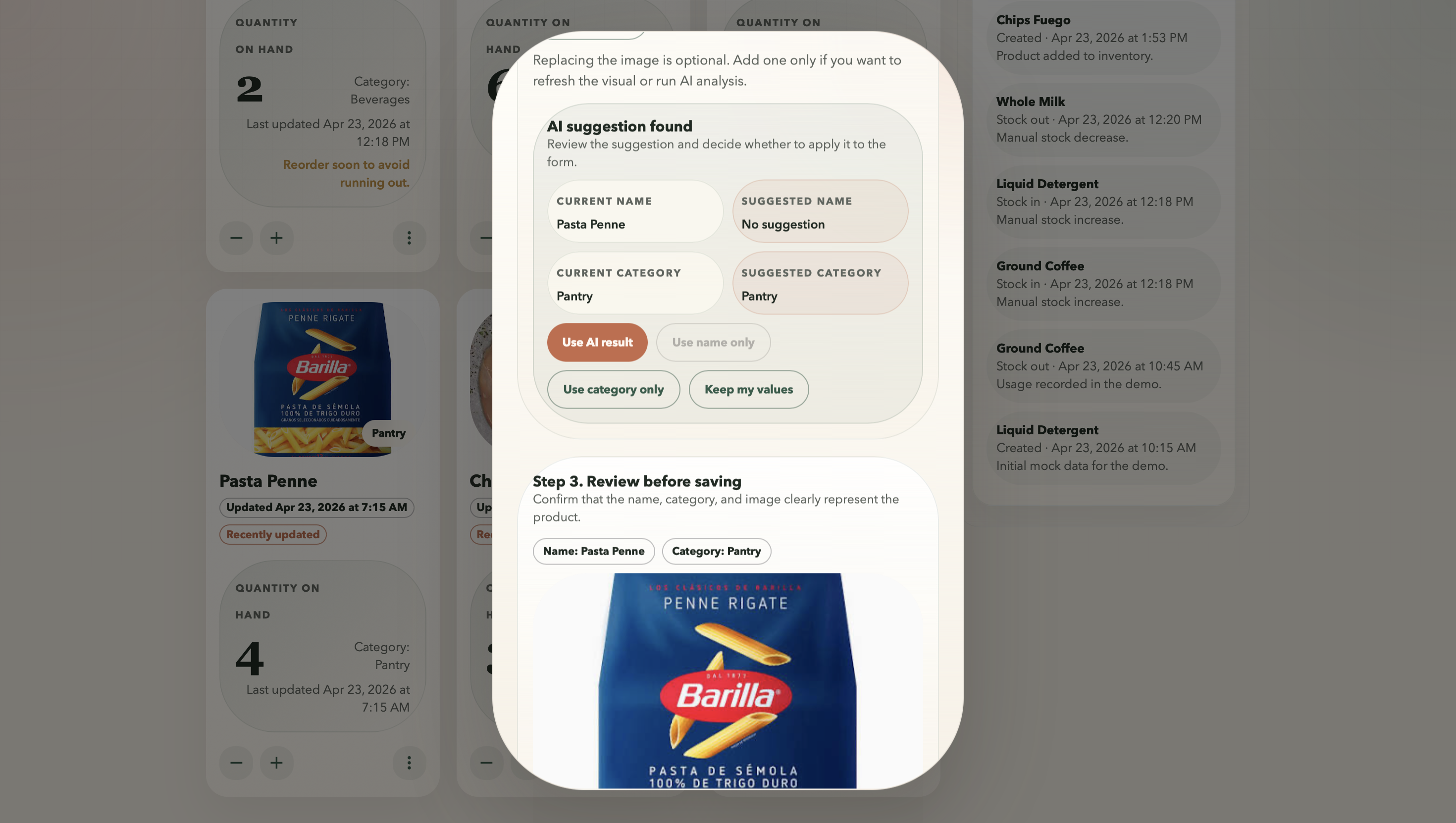 Inventory app - recipe suggestions