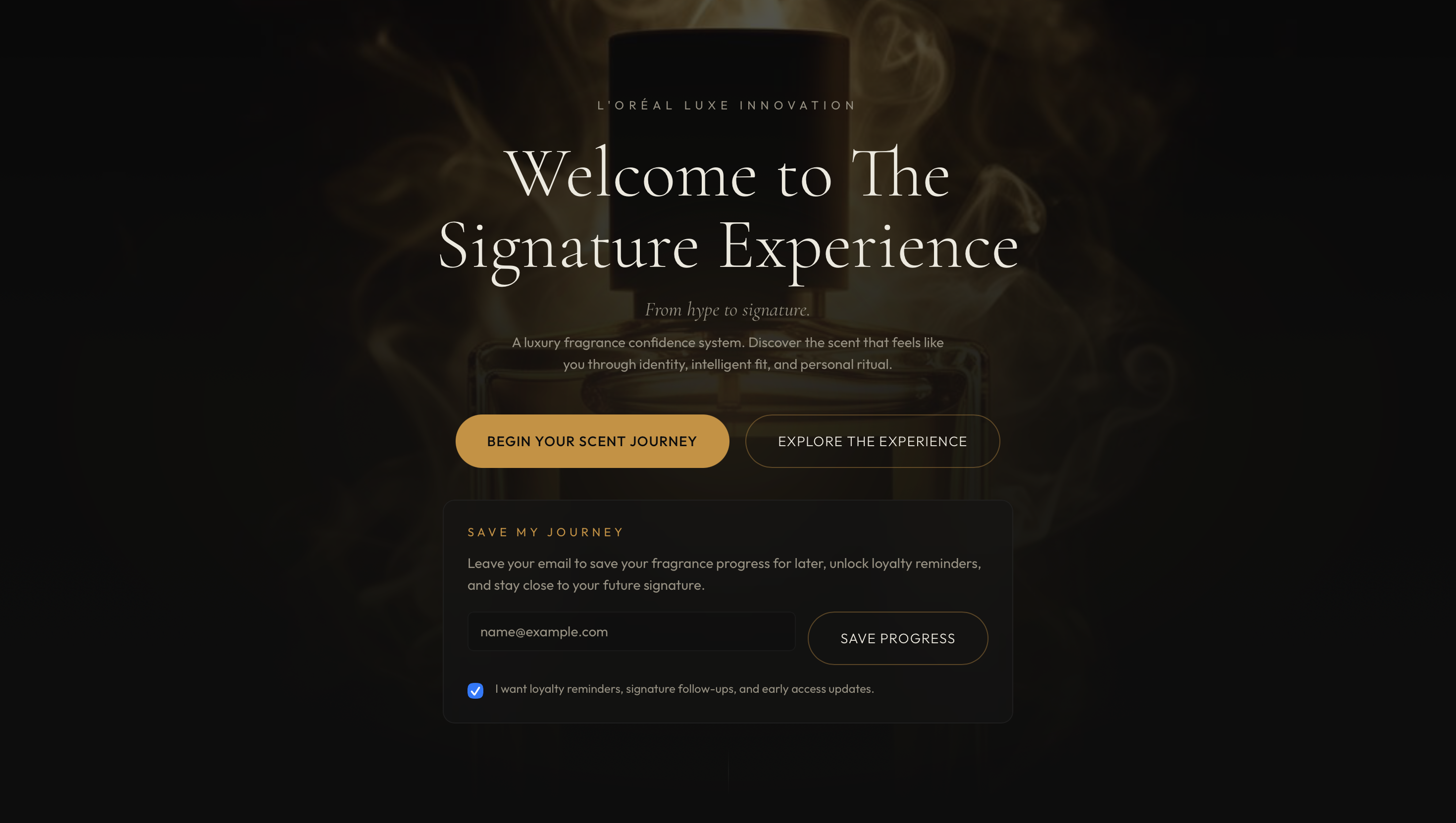 The Signature Experience landing page and fragrance discovery hero