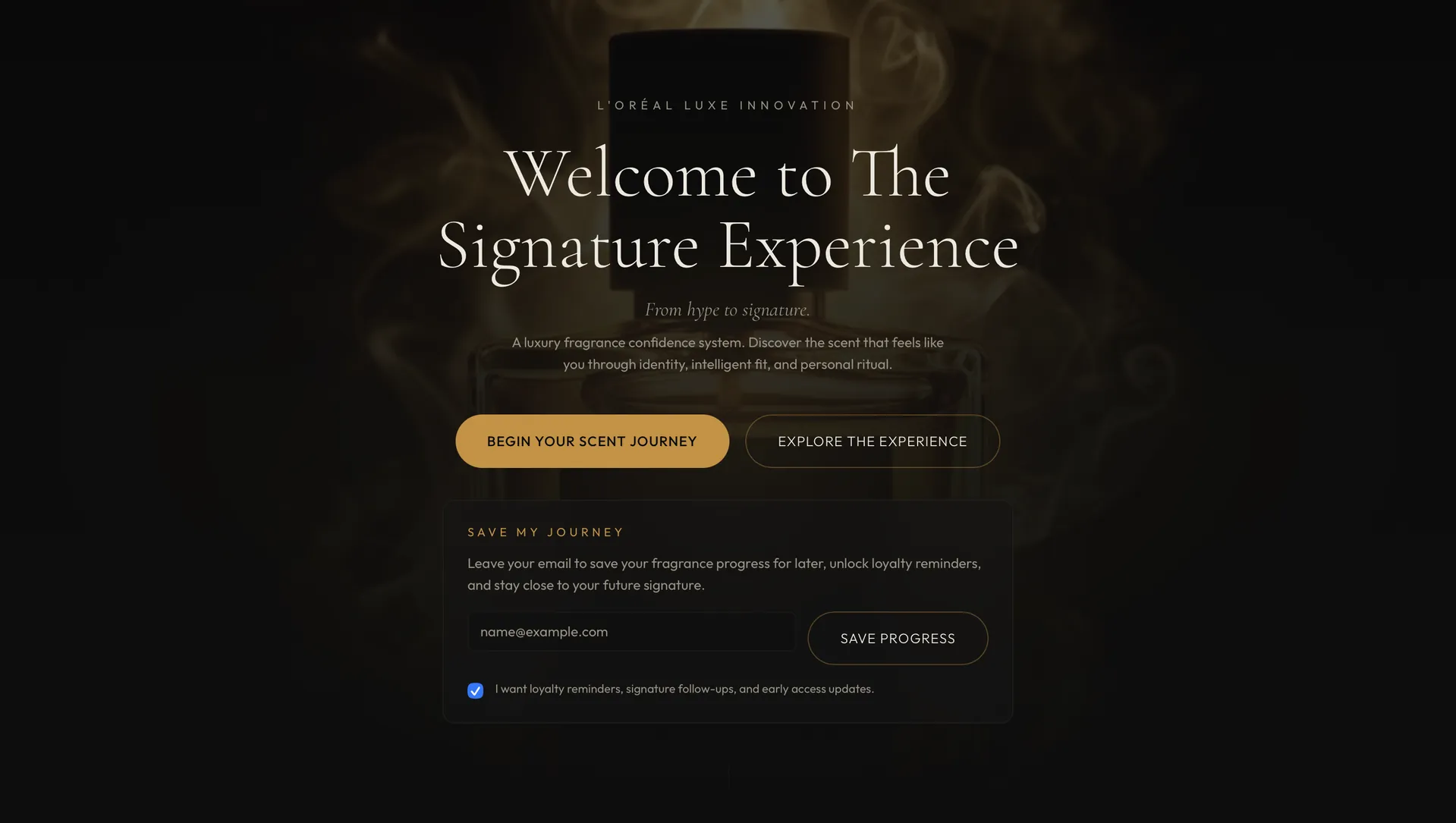 The Signature Experience landing page and fragrance discovery hero