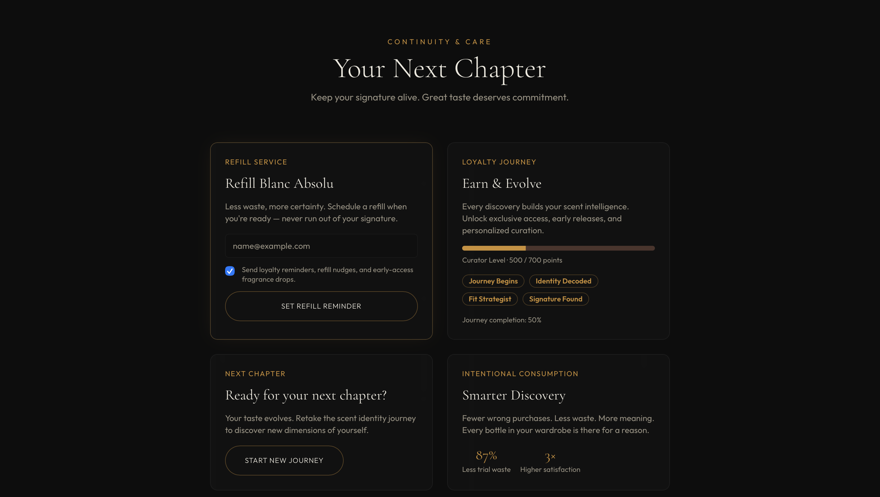 The Signature Experience refill and loyalty journey screen