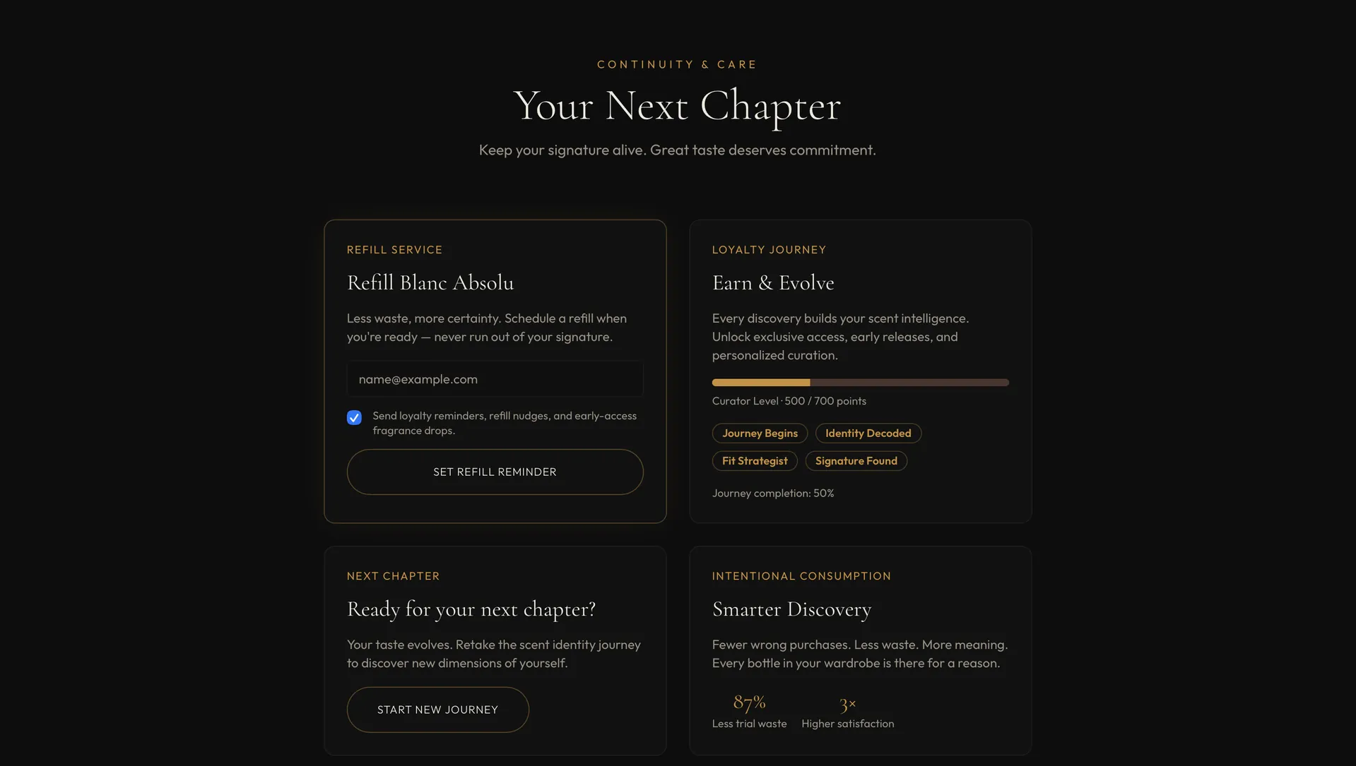 The Signature Experience refill and loyalty journey screen