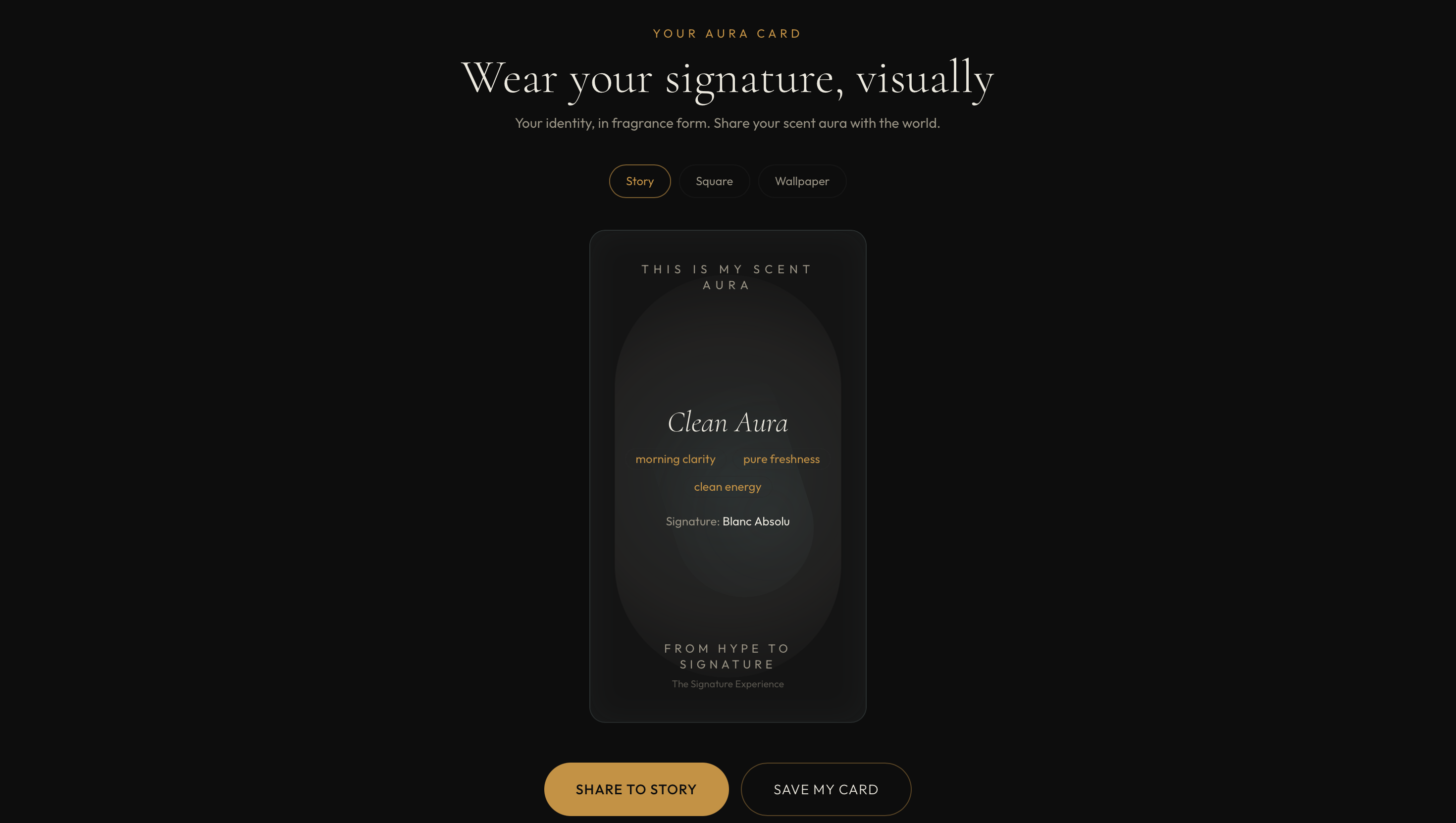 The Signature Experience aura card shareable profile screen